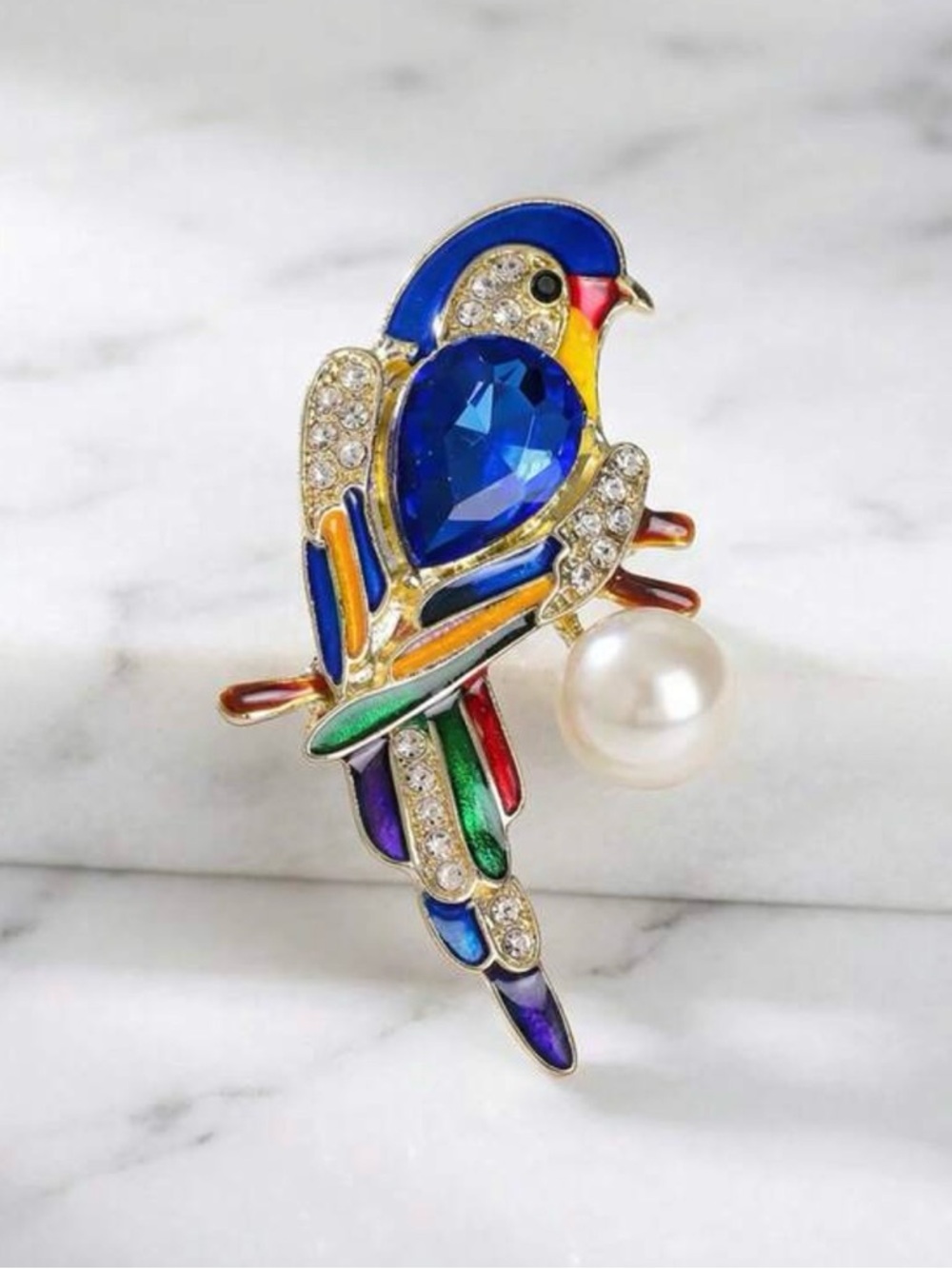 Colorful Parrot Brooch Pin with Faux Pearl Accent - Blue, Green, Red